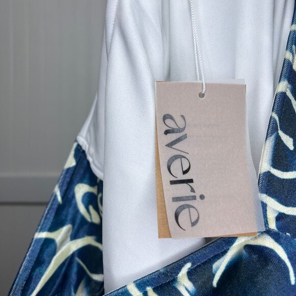 Averie NWT Thea Off Shoulder Blue Abstract Print Cap Sleeve V-Neck Sheath Dress - Picture 11 of 15